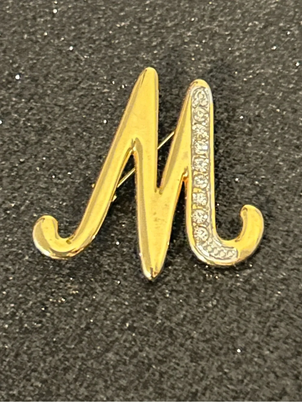 Initial Brooch Rhinestone: Gold Tone Cursive Letter M or W Brooch Pin Bag Pin